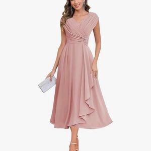 Elegant Blush Pink V-Neck Midi Dress